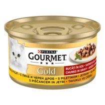 GOURMET Gold, koščki v omaki, piščanec in jetra, mokra hrana za mačke