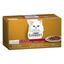 GOURMET Gold, Mešan izbor s koščki v omaki, Govedina/Puran in raca/Losos in piščanec/Piščanec in jetra, mokra hrana za mačke