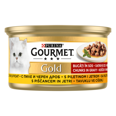 GOURMET Gold, koščki v omaki, piščanec in jetra, mokra hrana za mačke