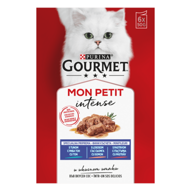 GOURMET Mon Petit, Mešan izbor, Losos, Tuna in postrv, mokra hrana za mačke