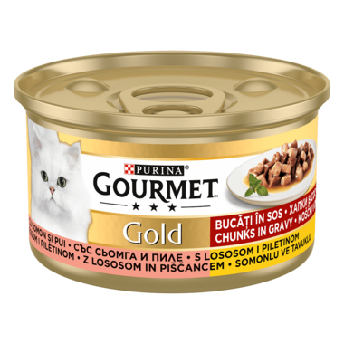 GOURMET Gold, koščki v omaki, piščanec in losos, mokra hrana za mačke